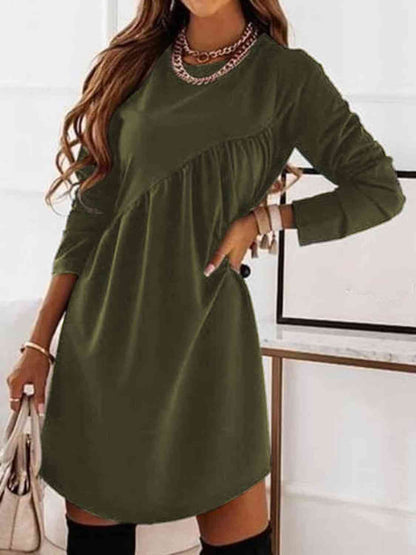 Ruched Round Neck Long Sleeve Dress