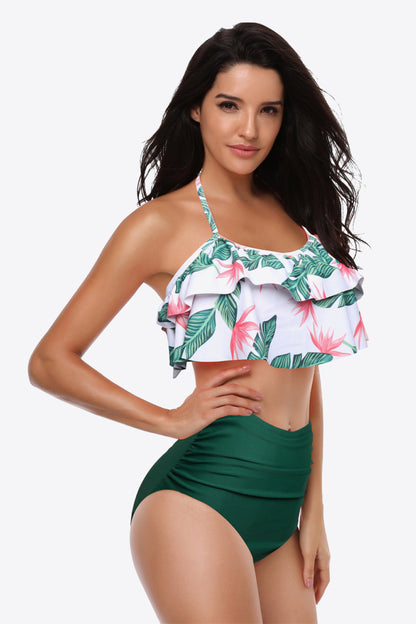 Two-Tone Ruffled Halter Neck Two-Piece Swimsuit