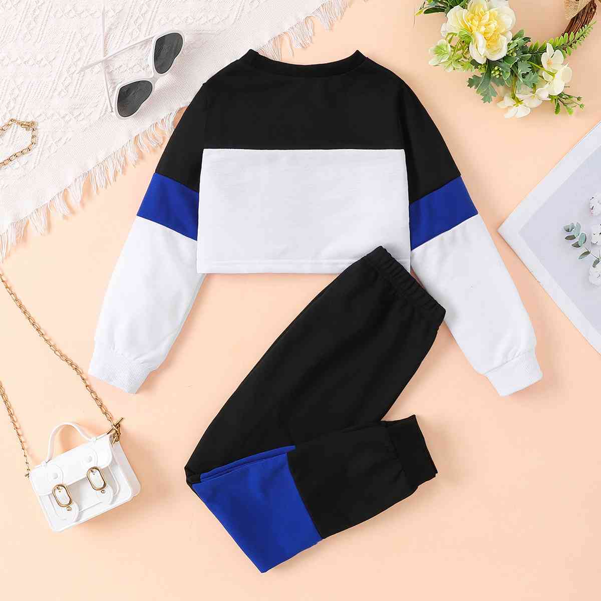 Color Block Round Neck Long Sleeve Top and Pants Set