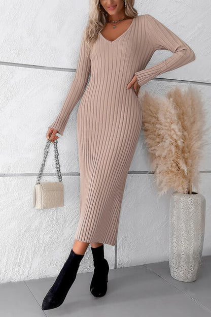 V-Neck Long Sleeve Ribbed Sweater Dress (Slay Dress)