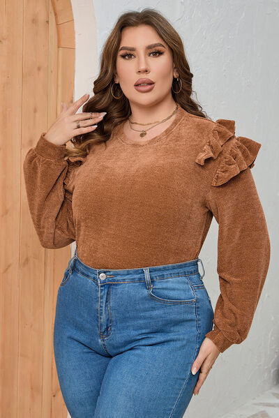 Plus Size Ruffled Round Neck Long Sleeve T-Shirt