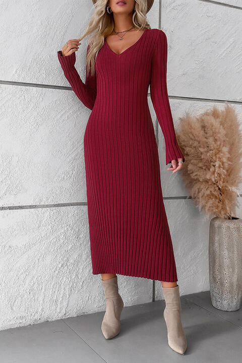 V-Neck Long Sleeve Ribbed Sweater Dress (Slay Dress)