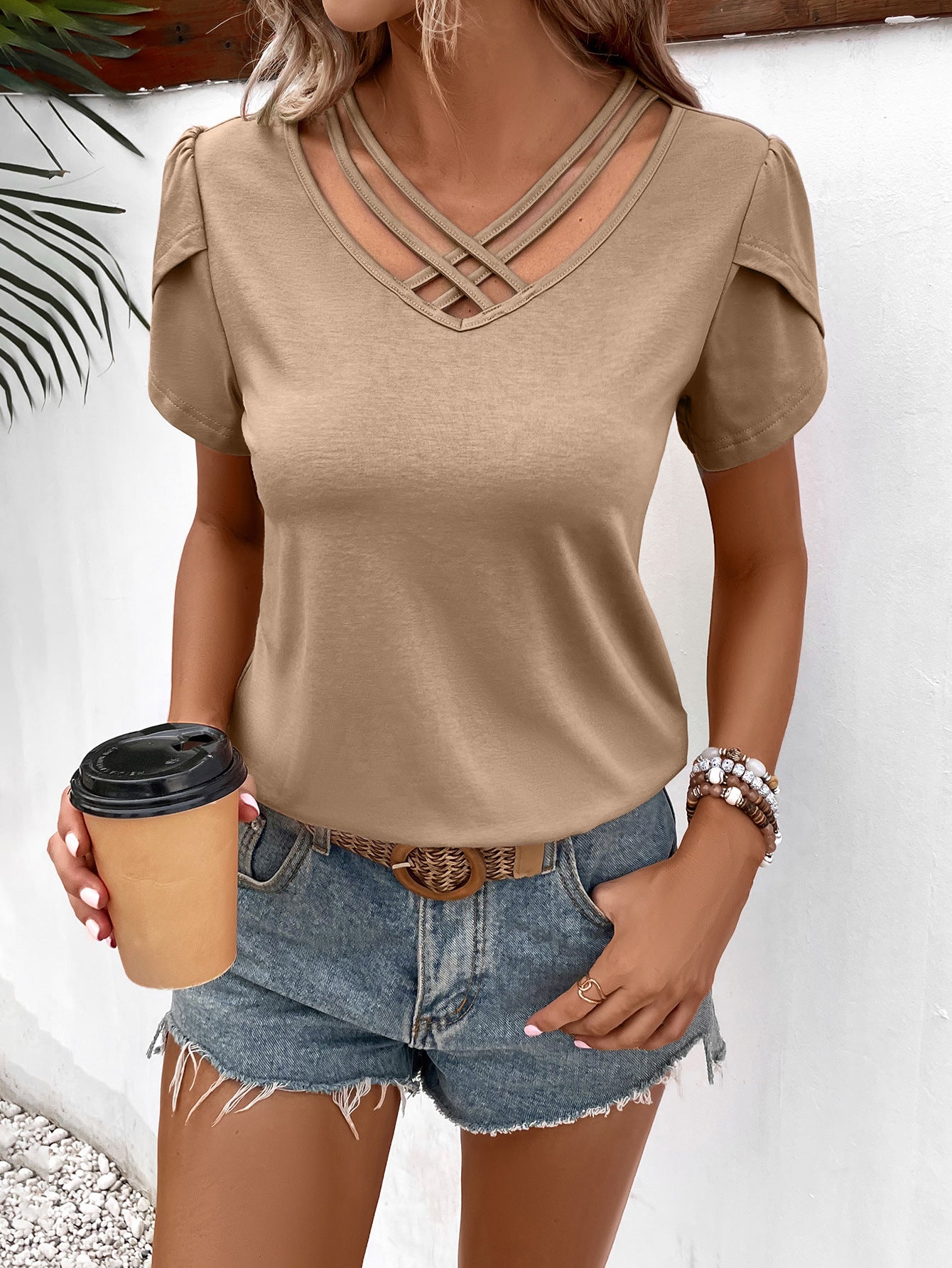 Strappy V-Neck Petal Sleeve Top