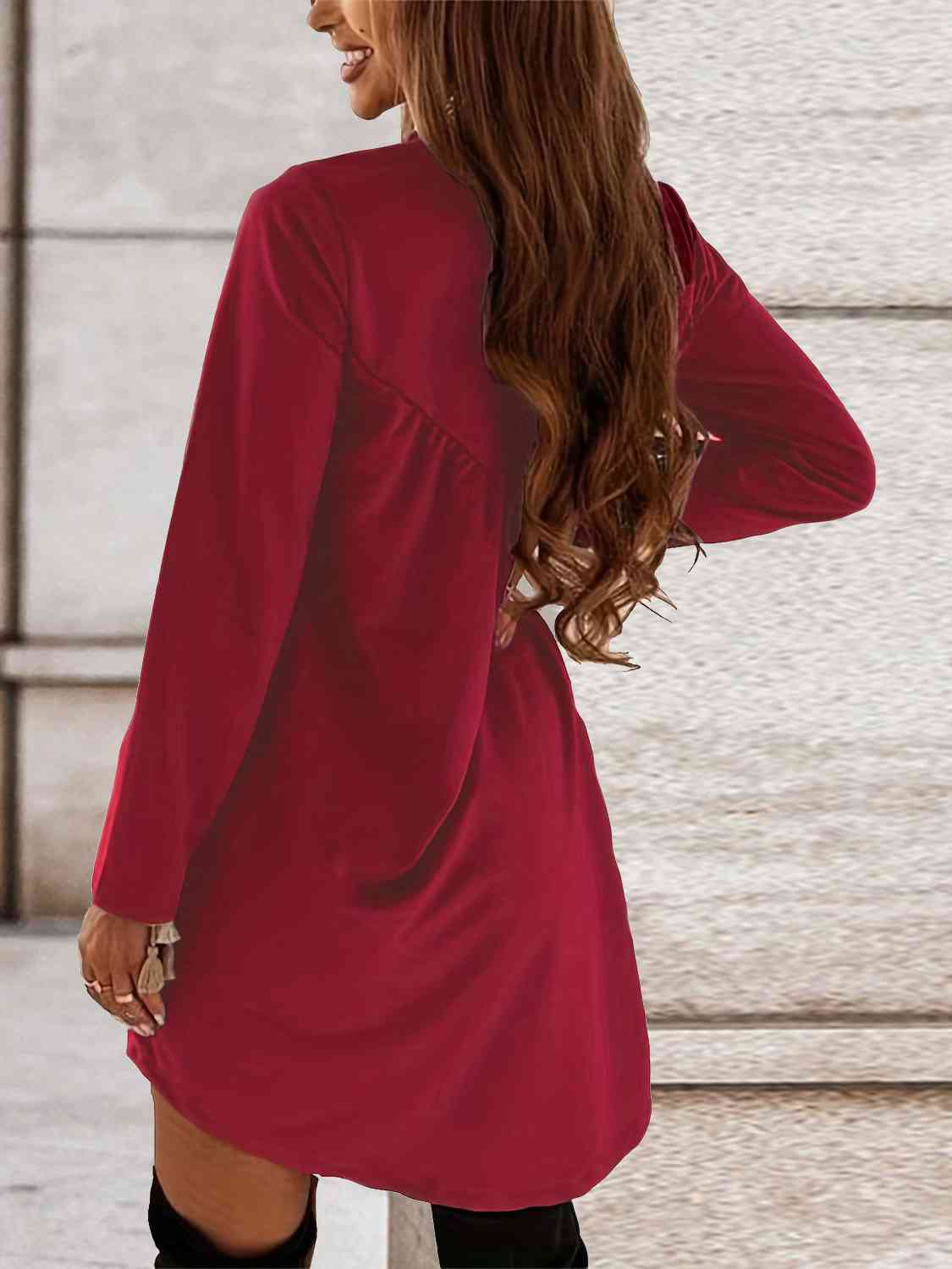 Ruched Round Neck Long Sleeve Dress