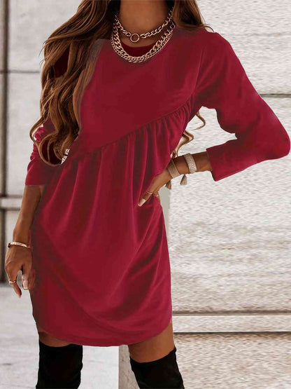 Ruched Round Neck Long Sleeve Dress