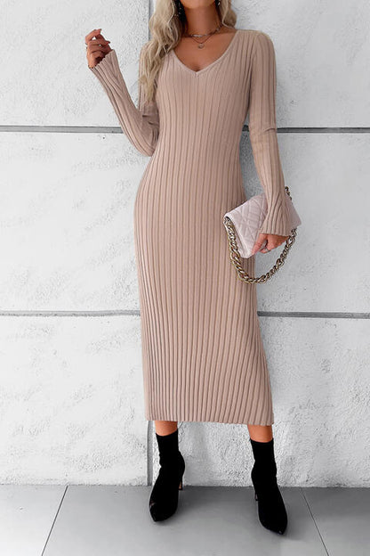 V-Neck Long Sleeve Ribbed Sweater Dress (Slay Dress)