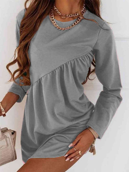 Ruched Round Neck Long Sleeve Dress