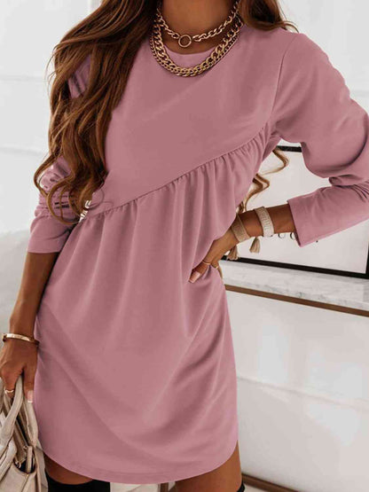 Ruched Round Neck Long Sleeve Dress