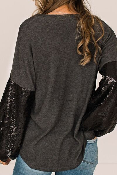 Plus Size Sequin Long Sleeve V-Neck Top