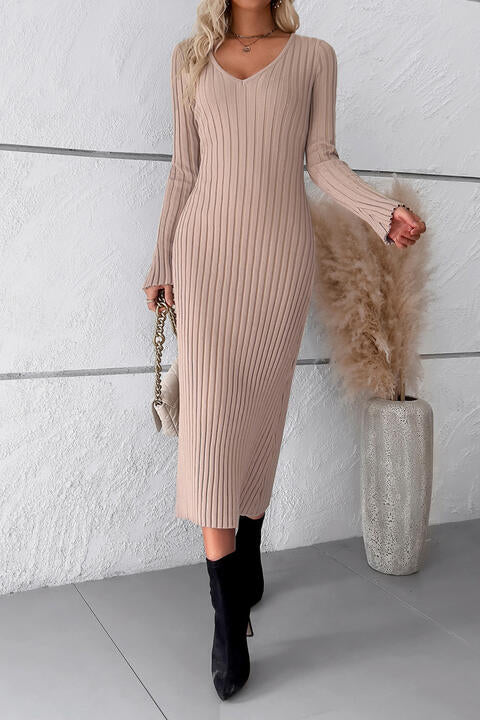 V-Neck Long Sleeve Ribbed Sweater Dress (Slay Dress)