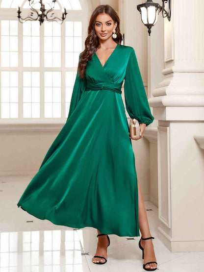 Surplice Long Sleeve Slit Midi Dress