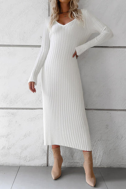 V-Neck Long Sleeve Ribbed Sweater Dress (Slay Dress)