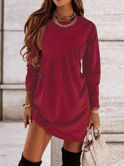 Ruched Round Neck Long Sleeve Dress