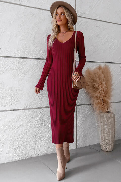 V-Neck Long Sleeve Ribbed Sweater Dress (Slay Dress)