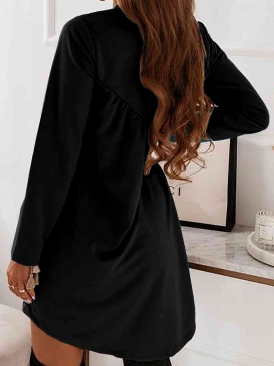 Ruched Round Neck Long Sleeve Dress