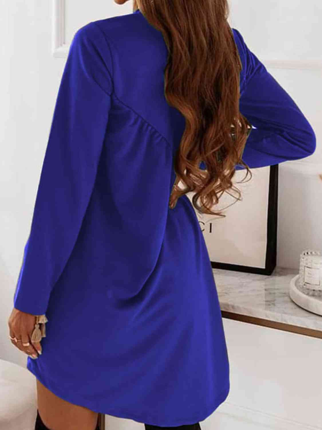 Ruched Round Neck Long Sleeve Dress